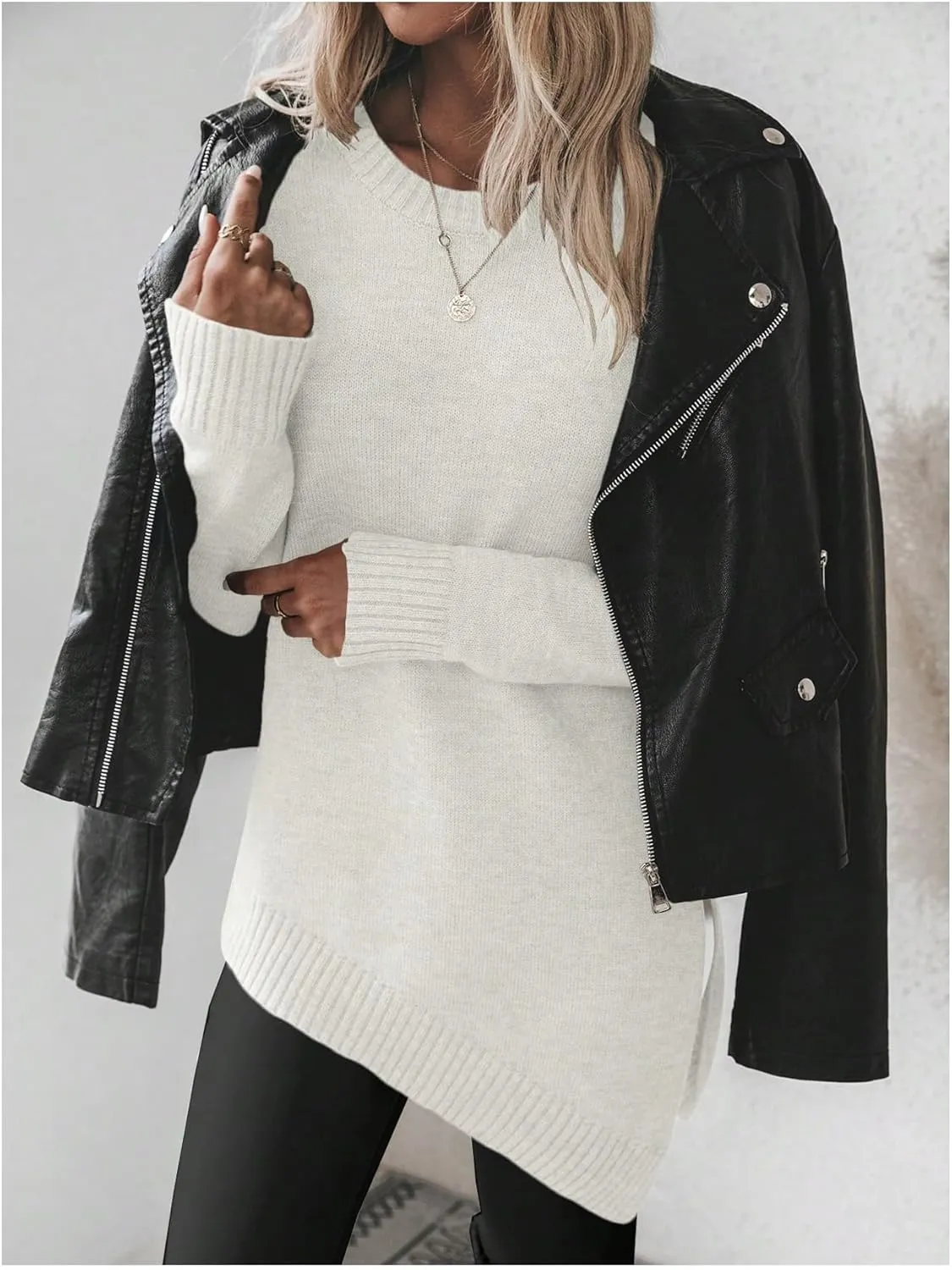 GORGLITTER Women's Split Asymmetrical Hem Sweater Long Sleeve Crewneck Knit Pullover Tops