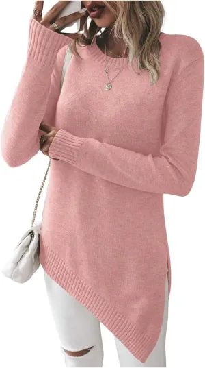 GORGLITTER Women's Split Asymmetrical Hem Sweater Long Sleeve Crewneck Knit Pullover Tops