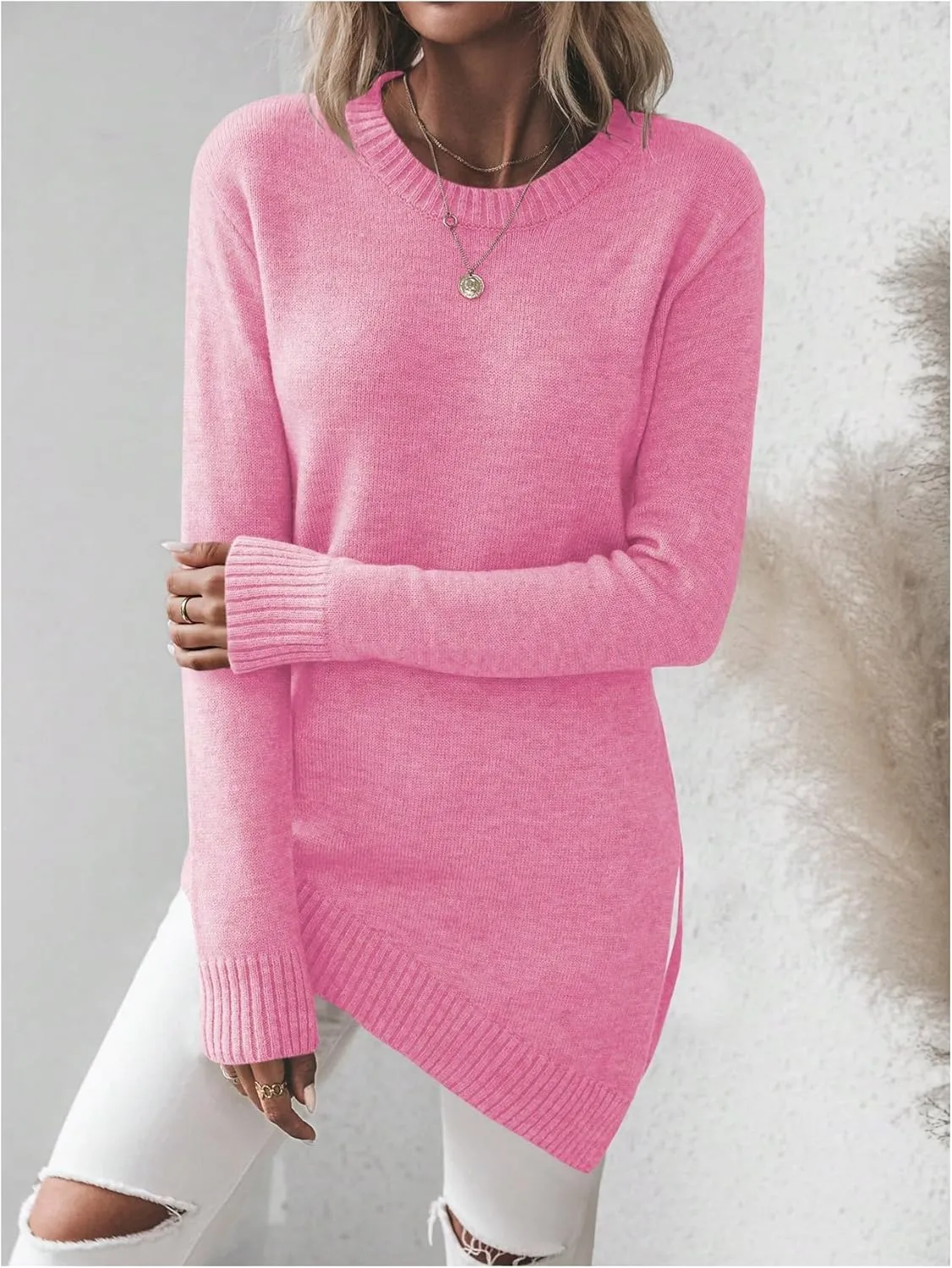 GORGLITTER Women's Split Asymmetrical Hem Sweater Long Sleeve Crewneck Knit Pullover Tops