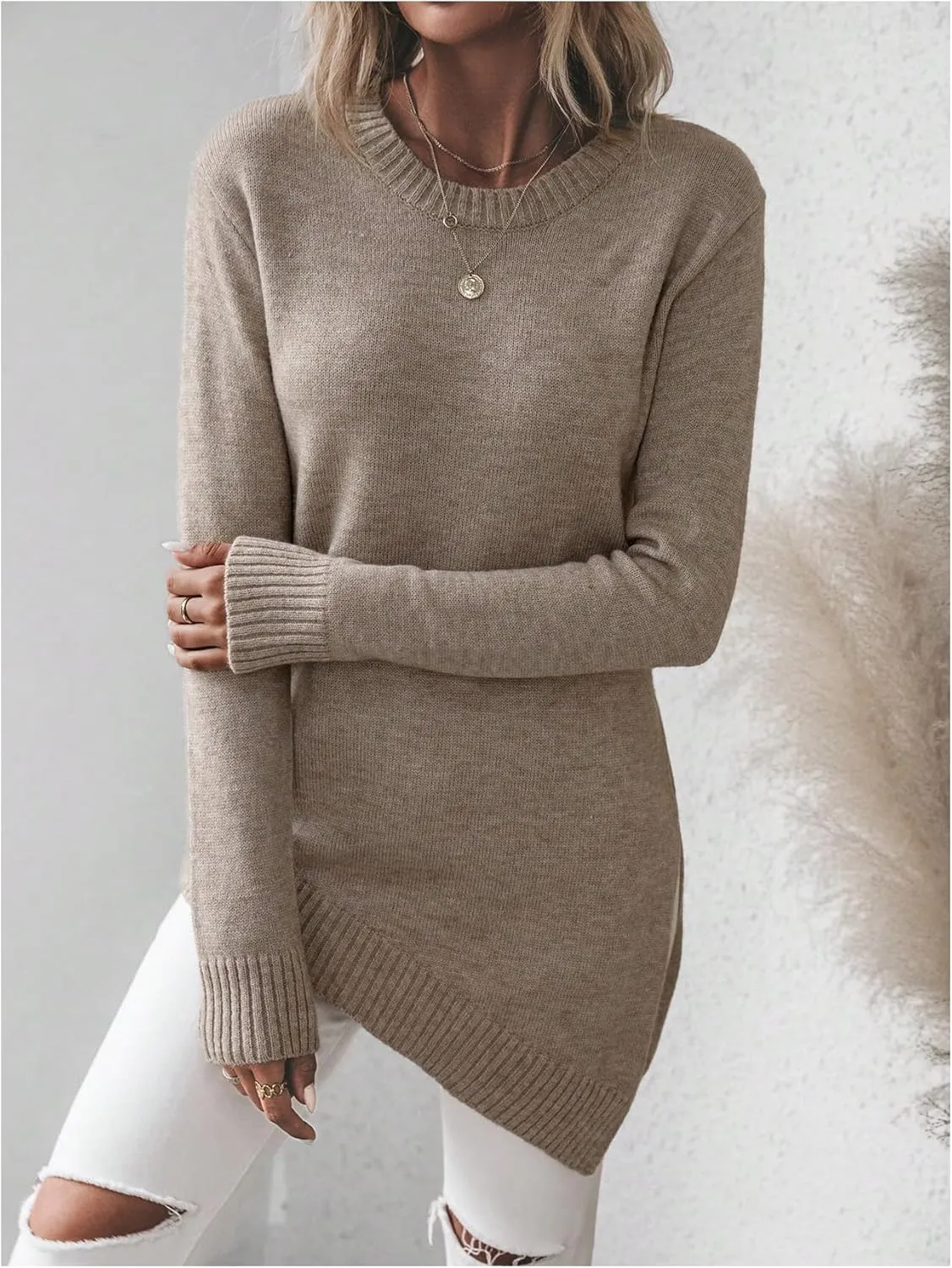 GORGLITTER Women's Split Asymmetrical Hem Sweater Long Sleeve Crewneck Knit Pullover Tops