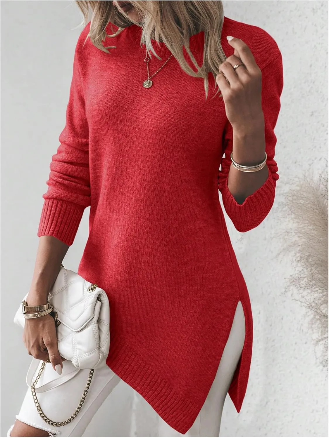 GORGLITTER Women's Split Asymmetrical Hem Sweater Long Sleeve Crewneck Knit Pullover Tops