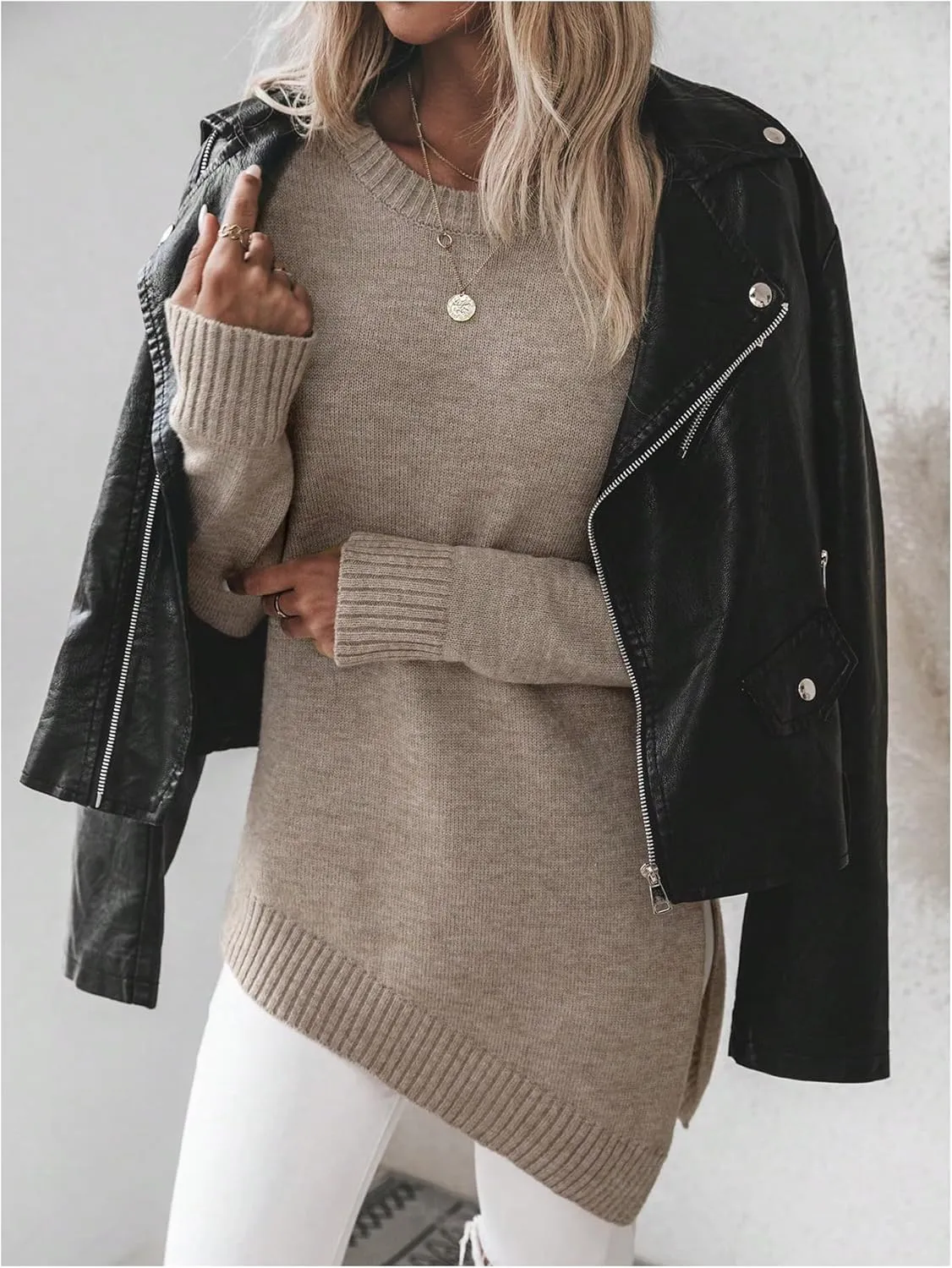 GORGLITTER Women's Split Asymmetrical Hem Sweater Long Sleeve Crewneck Knit Pullover Tops