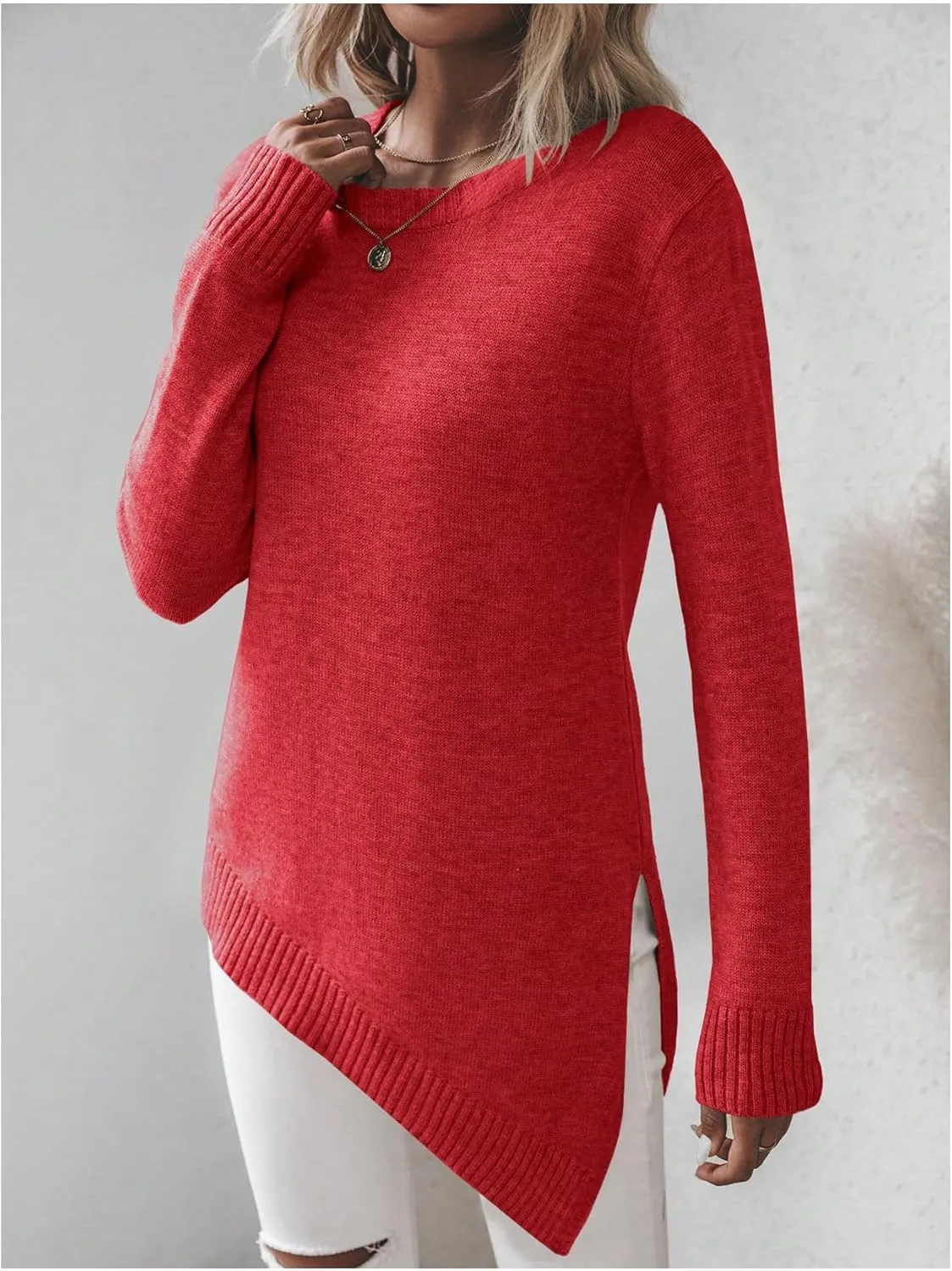 GORGLITTER Women's Split Asymmetrical Hem Sweater Long Sleeve Crewneck Knit Pullover Tops