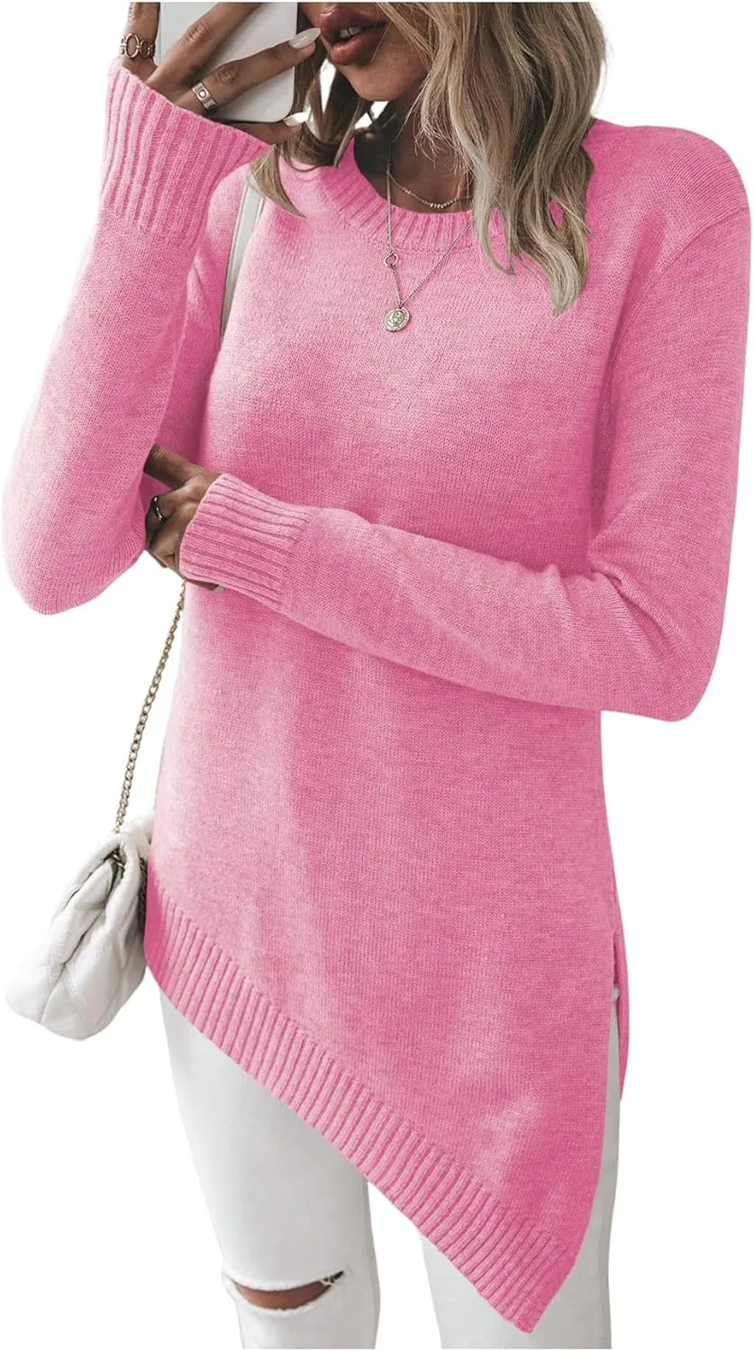 GORGLITTER Women's Split Asymmetrical Hem Sweater Long Sleeve Crewneck Knit Pullover Tops