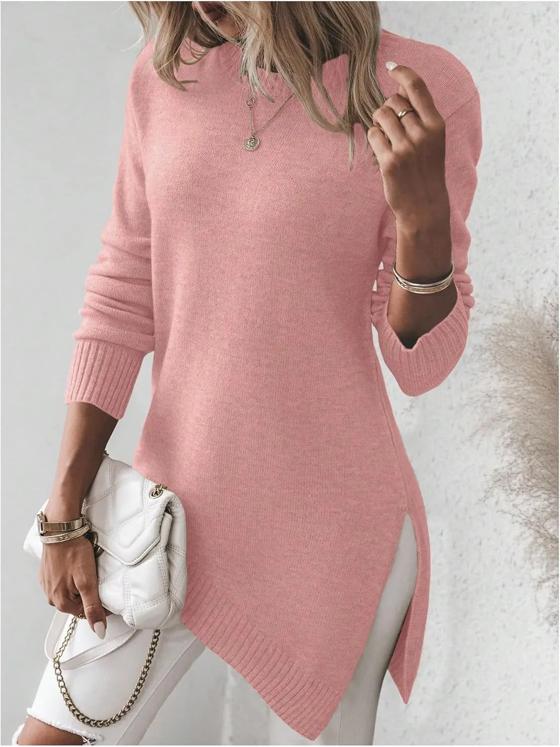 GORGLITTER Women's Split Asymmetrical Hem Sweater Long Sleeve Crewneck Knit Pullover Tops