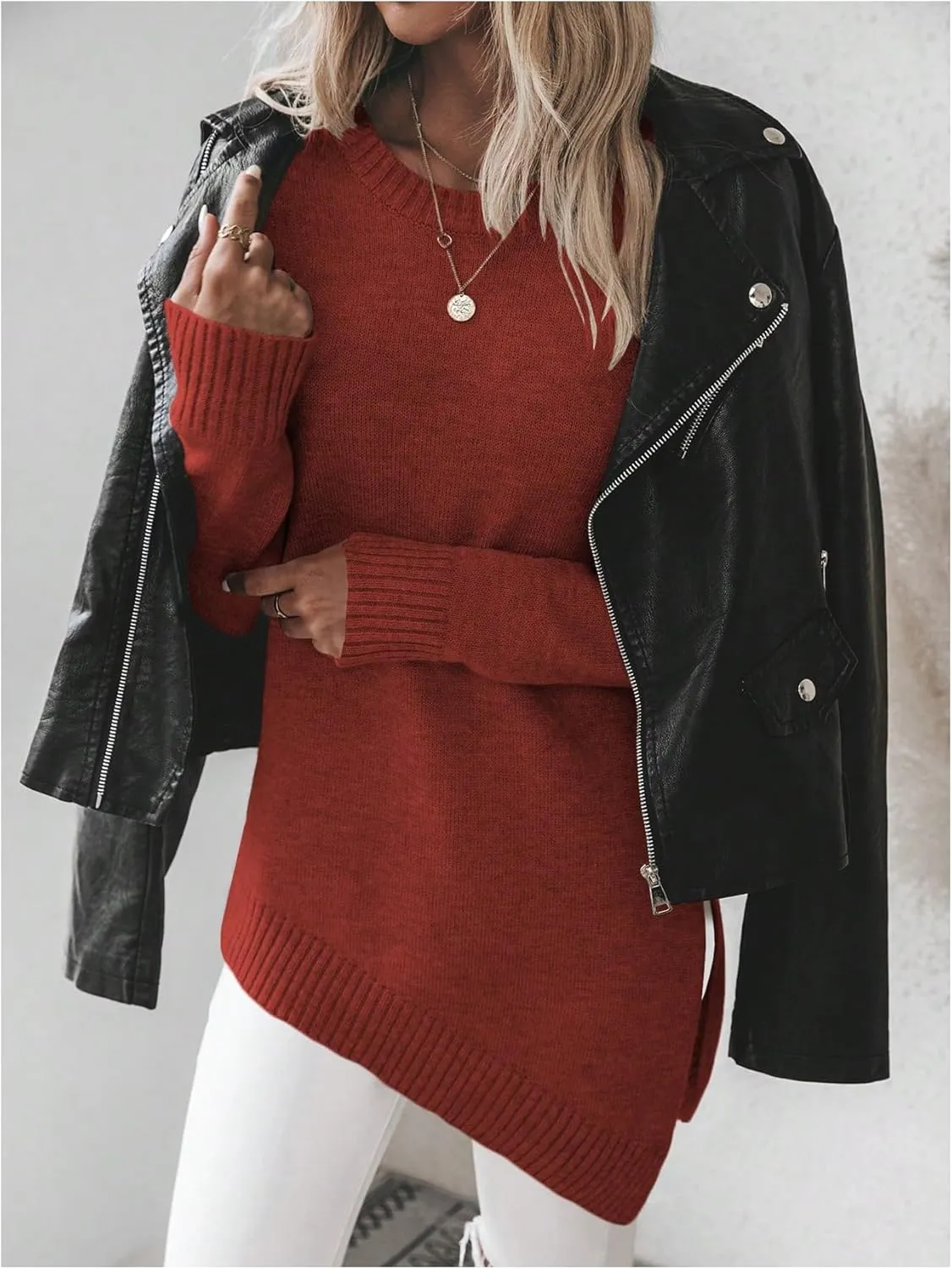 GORGLITTER Women's Split Asymmetrical Hem Sweater Long Sleeve Crewneck Knit Pullover Tops