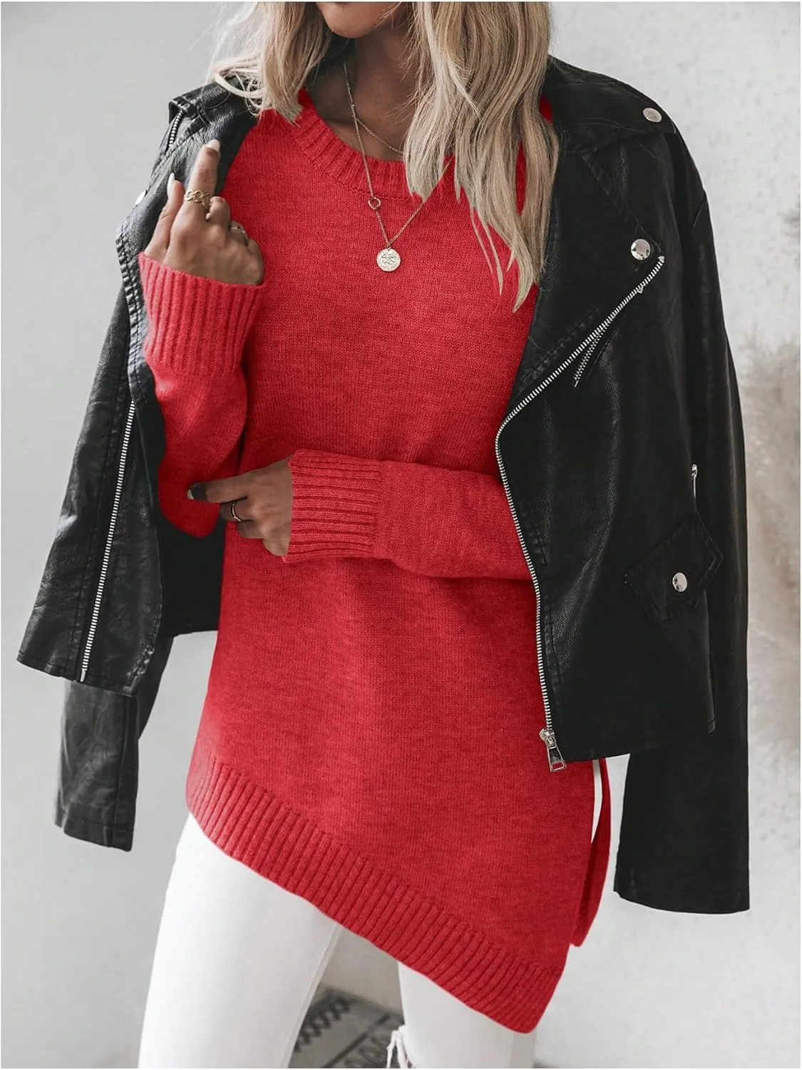 GORGLITTER Women's Split Asymmetrical Hem Sweater Long Sleeve Crewneck Knit Pullover Tops