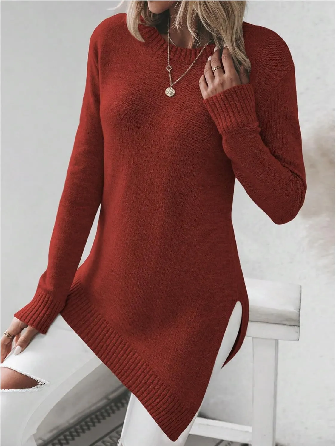 GORGLITTER Women's Split Asymmetrical Hem Sweater Long Sleeve Crewneck Knit Pullover Tops