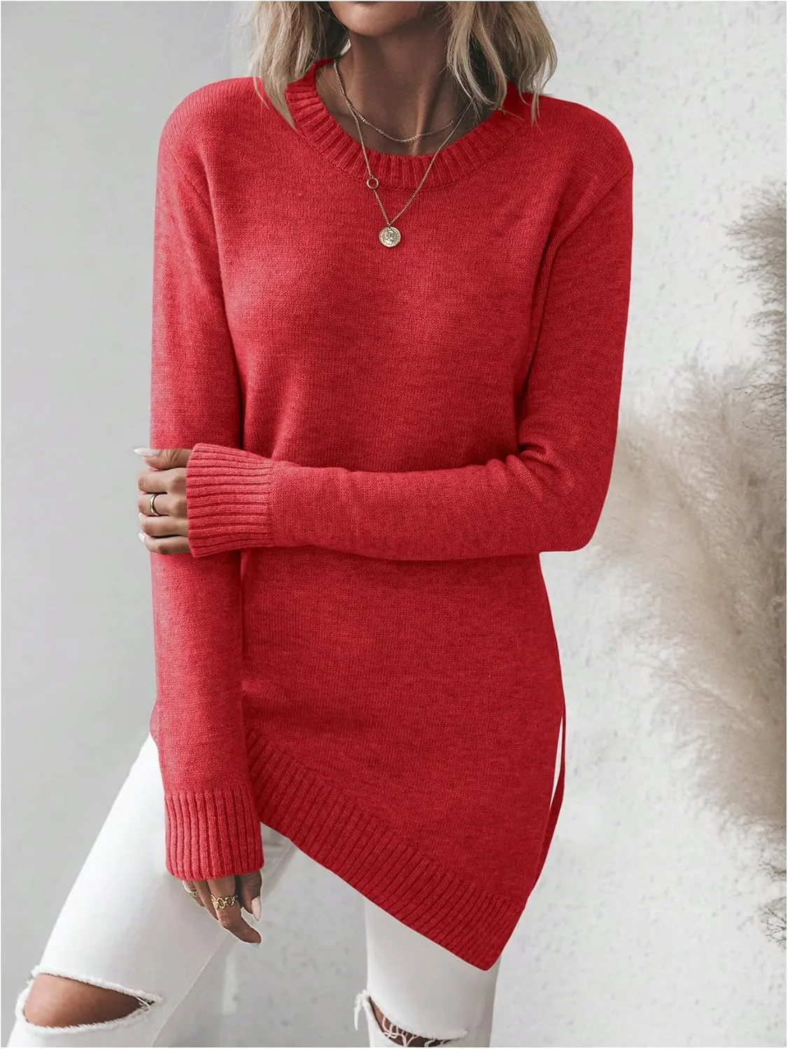 GORGLITTER Women's Split Asymmetrical Hem Sweater Long Sleeve Crewneck Knit Pullover Tops