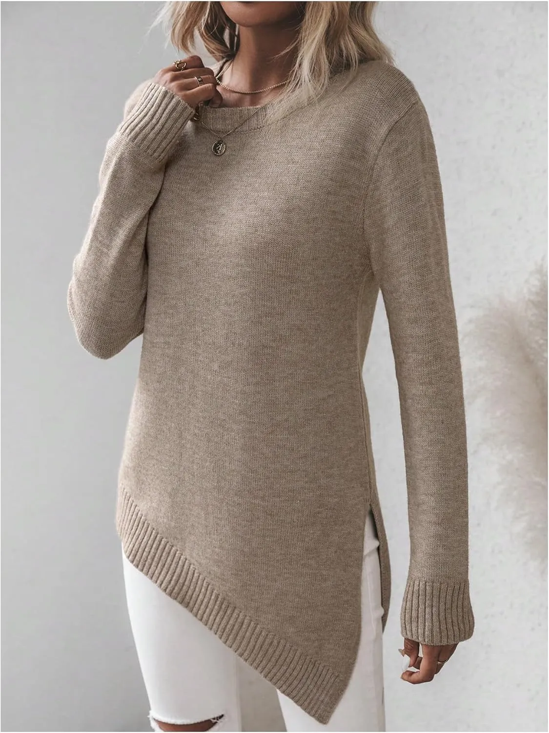GORGLITTER Women's Split Asymmetrical Hem Sweater Long Sleeve Crewneck Knit Pullover Tops