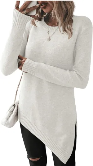 GORGLITTER Women's Split Asymmetrical Hem Sweater Long Sleeve Crewneck Knit Pullover Tops