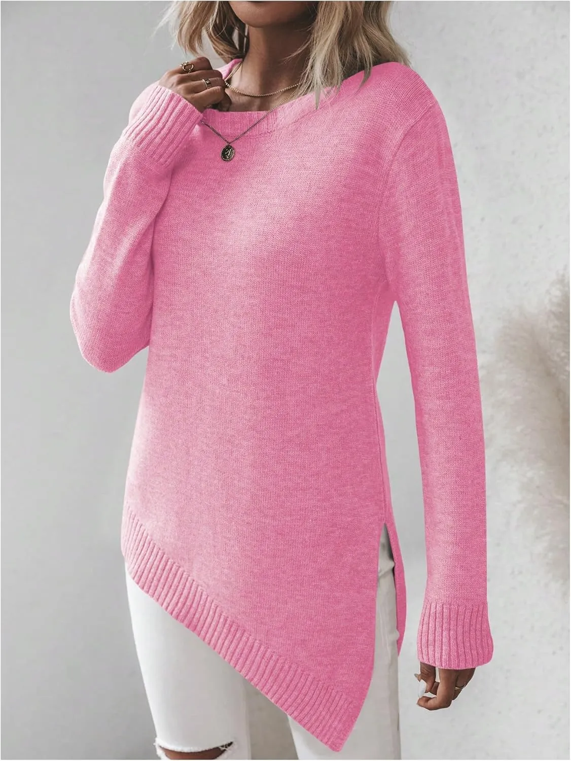 GORGLITTER Women's Split Asymmetrical Hem Sweater Long Sleeve Crewneck Knit Pullover Tops