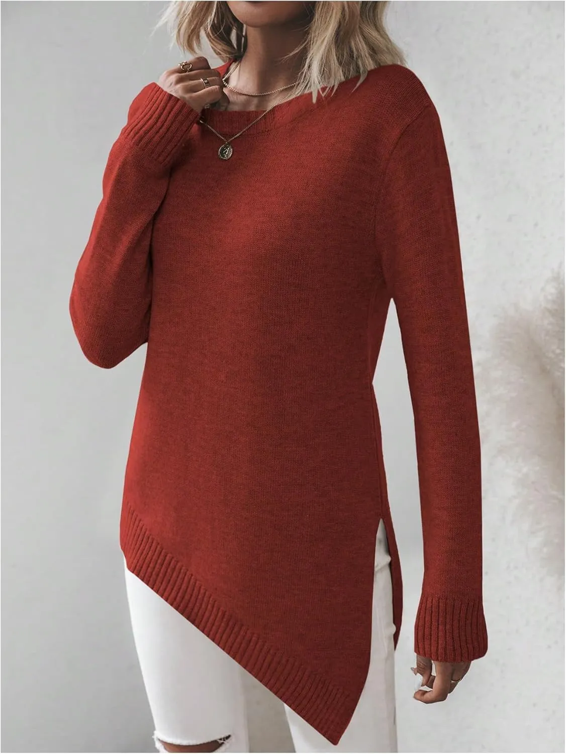 GORGLITTER Women's Split Asymmetrical Hem Sweater Long Sleeve Crewneck Knit Pullover Tops