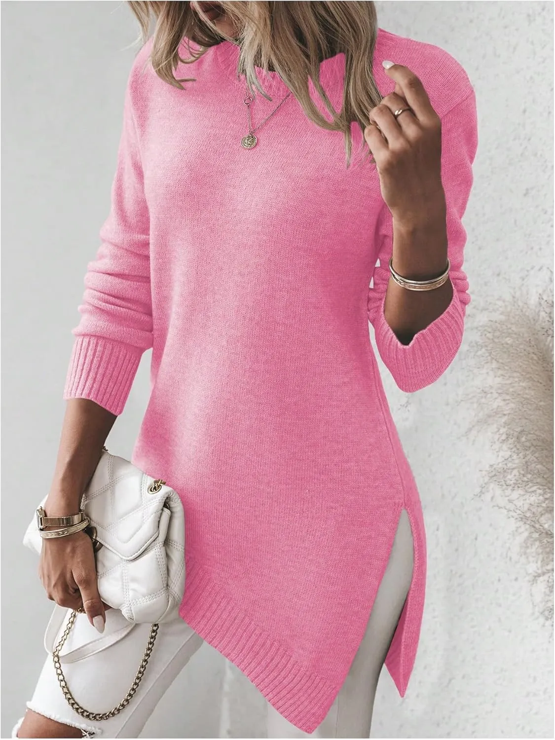 GORGLITTER Women's Split Asymmetrical Hem Sweater Long Sleeve Crewneck Knit Pullover Tops