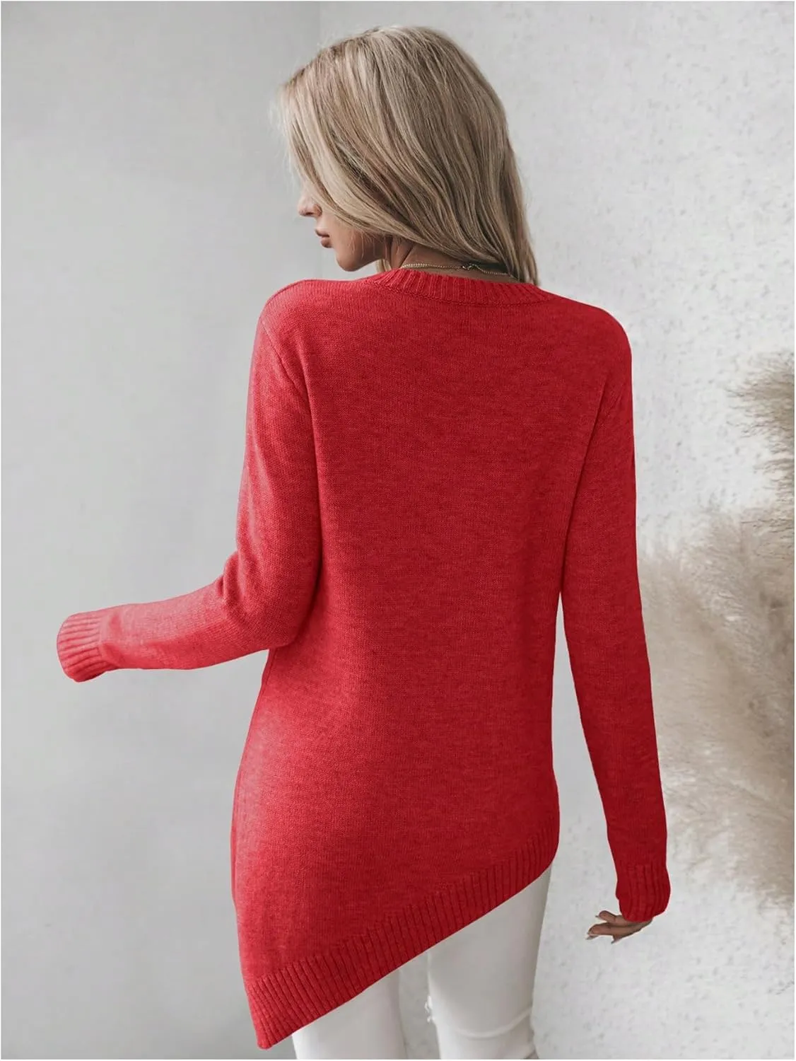GORGLITTER Women's Split Asymmetrical Hem Sweater Long Sleeve Crewneck Knit Pullover Tops