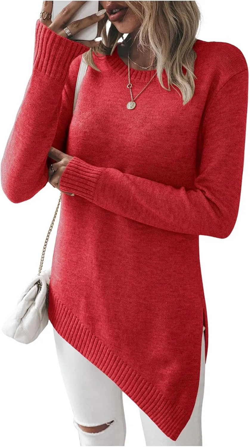 GORGLITTER Women's Split Asymmetrical Hem Sweater Long Sleeve Crewneck Knit Pullover Tops