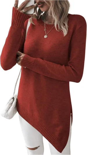 GORGLITTER Women's Split Asymmetrical Hem Sweater Long Sleeve Crewneck Knit Pullover Tops