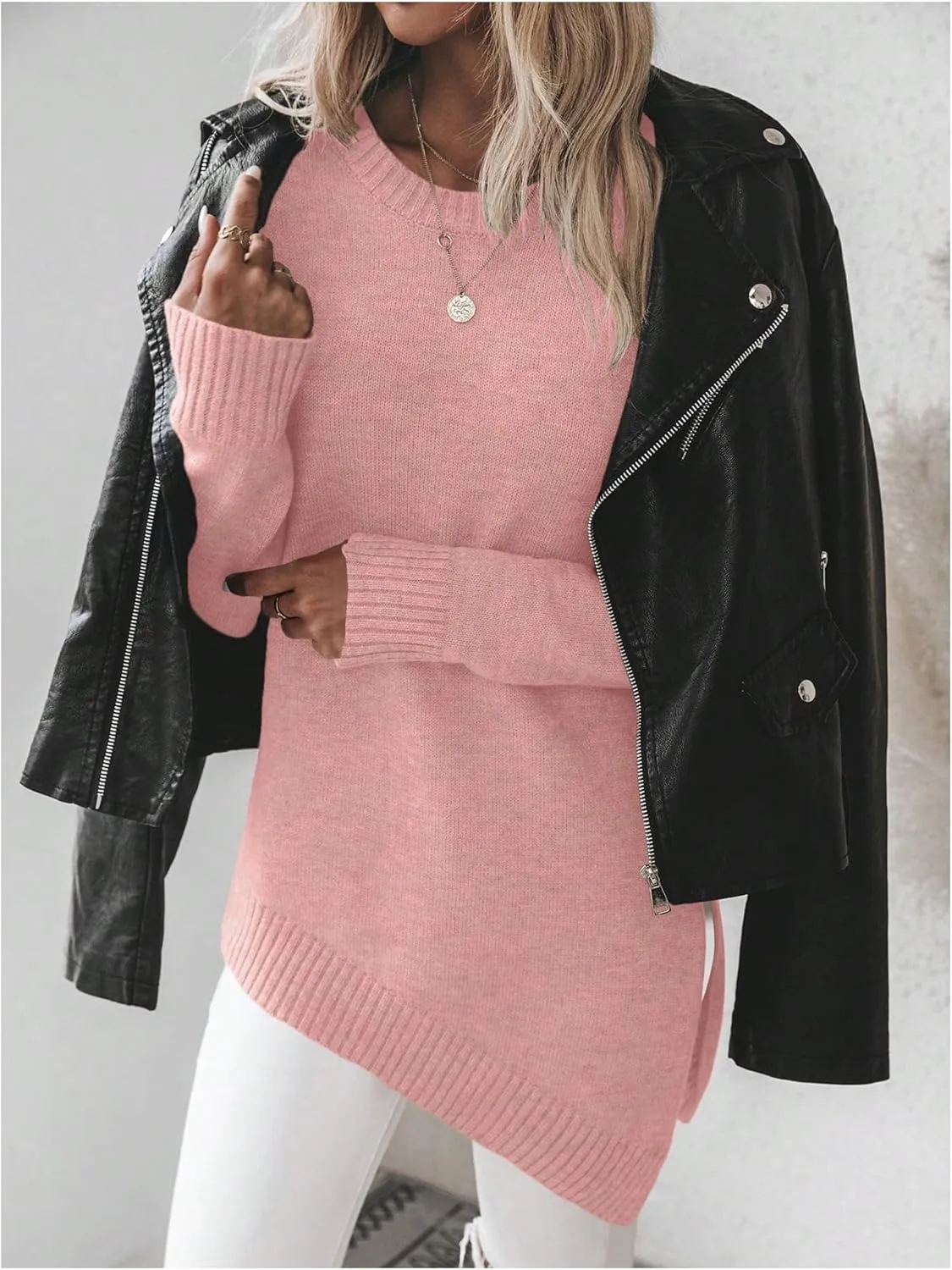 GORGLITTER Women's Split Asymmetrical Hem Sweater Long Sleeve Crewneck Knit Pullover Tops