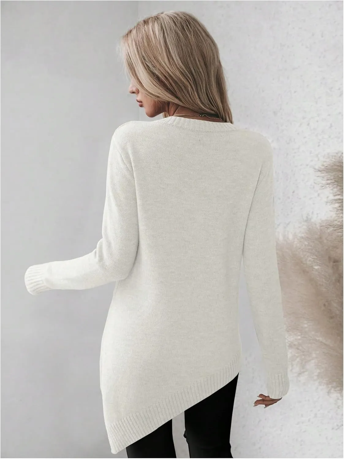 GORGLITTER Women's Split Asymmetrical Hem Sweater Long Sleeve Crewneck Knit Pullover Tops