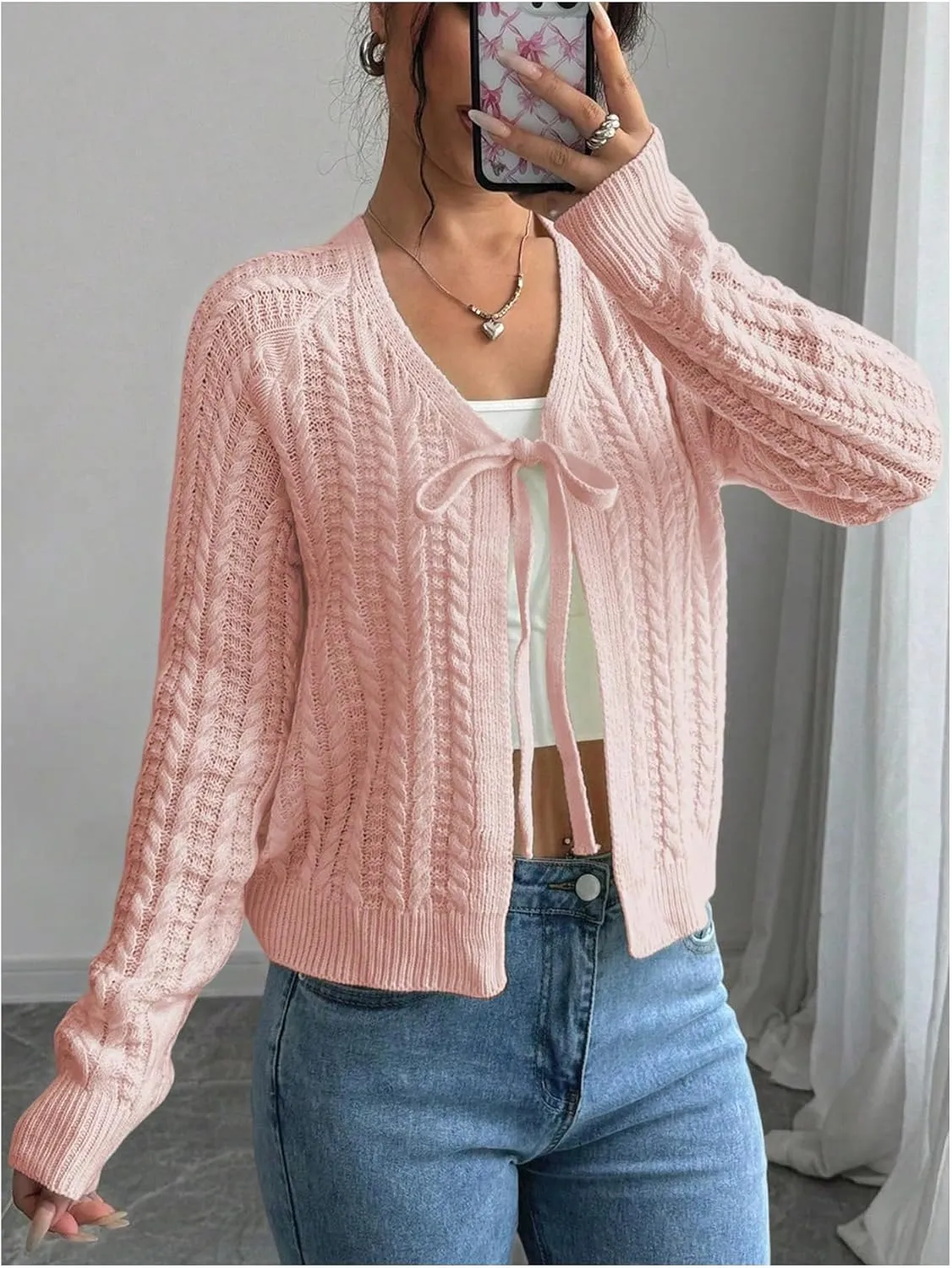 GORGLITTER Women's White Cropped Cardigan Tie Front Cardigan Cable Knit Sweater