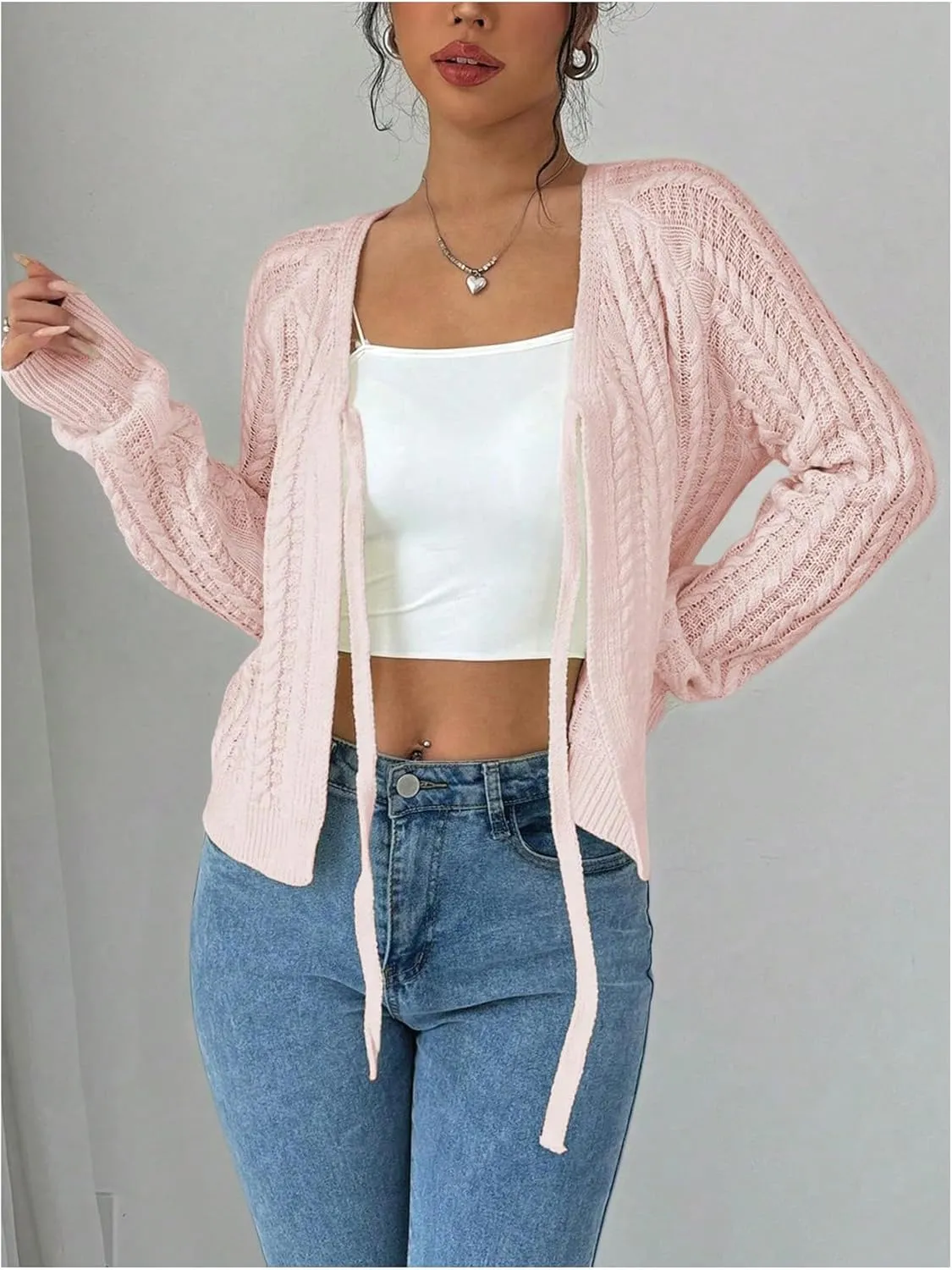 GORGLITTER Women's White Cropped Cardigan Tie Front Cardigan Cable Knit Sweater
