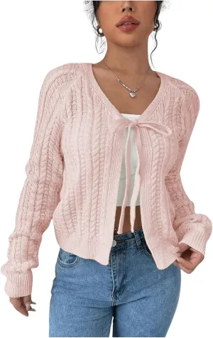 GORGLITTER Women's White Cropped Cardigan Tie Front Cardigan Cable Knit Sweater