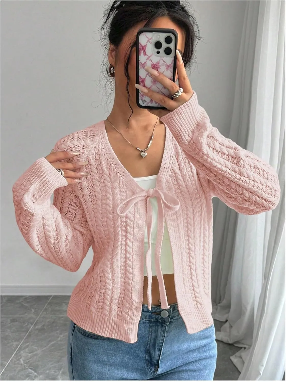 GORGLITTER Women's White Cropped Cardigan Tie Front Cardigan Cable Knit Sweater