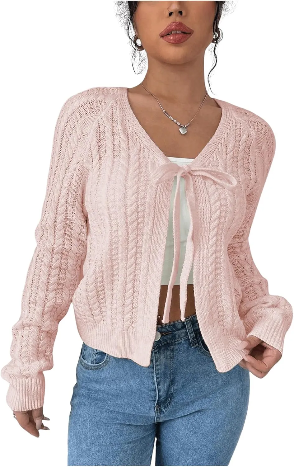 GORGLITTER Women's White Cropped Cardigan Tie Front Cardigan Cable Knit Sweater