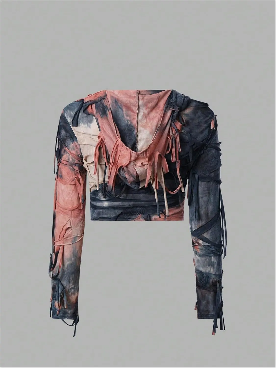 GORGLITTER Women's Y2K Long Sleeve Goth Cropped Hoodie Gothic Streetwear Hooded Sweatshirt Tie Dye Distressed Hoodies