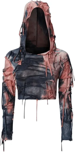 GORGLITTER Women's Y2K Long Sleeve Goth Cropped Hoodie Gothic Streetwear Hooded Sweatshirt Tie Dye Distressed Hoodies