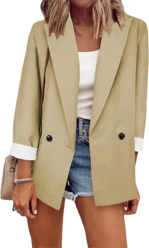 GORIFE Lady Solid Color Front Open Blazers Long Sleeve with Pockets Suit Casual Button Blazer