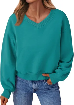 Gumipy Oversized Sweatshirt for Women Trendy V Neck Cropped Sweatshirts Casual Long Sleeve Fleece Pullover Spring Outfits