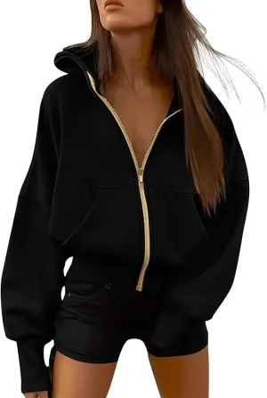 Gumipy Womens Zip Up Hoodies Jackets Tunic Long Sleeve Cropped Hoodie Casual Fleece Jacket Top Cozy Winter Coats with Pockets