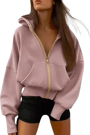 Gumipy Womens Zip Up Hoodies Jackets Tunic Long Sleeve Cropped Hoodie Casual Fleece Jacket Top Cozy Winter Coats with Pockets