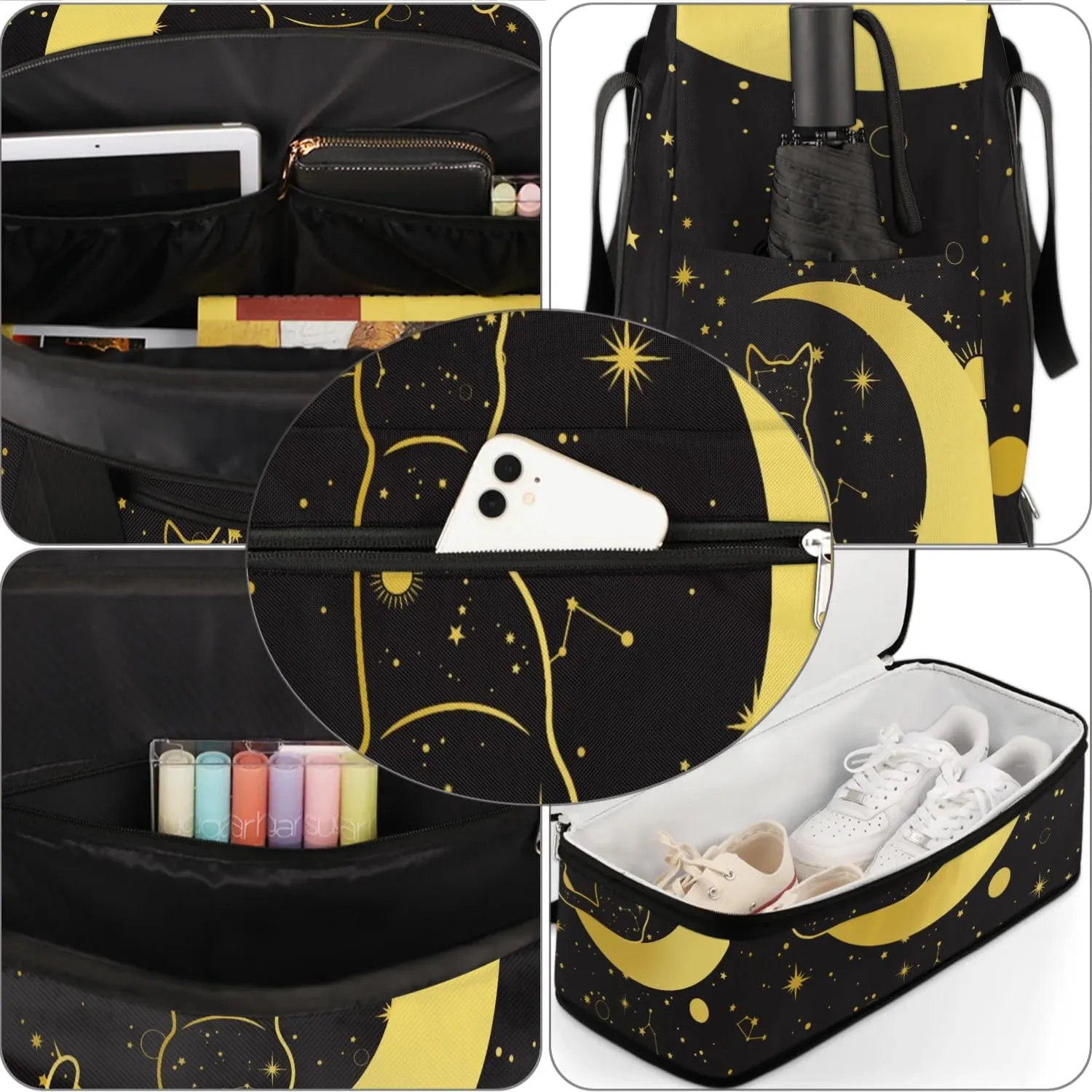 Gym Bag for Men Women, Carry on Travel Duffel Bag with Trolley Sleeve, Black Cat Waterproof Weekender Overnight Bags with Shoes and Wet Clothes Compartment for Sleepover Workout Sports