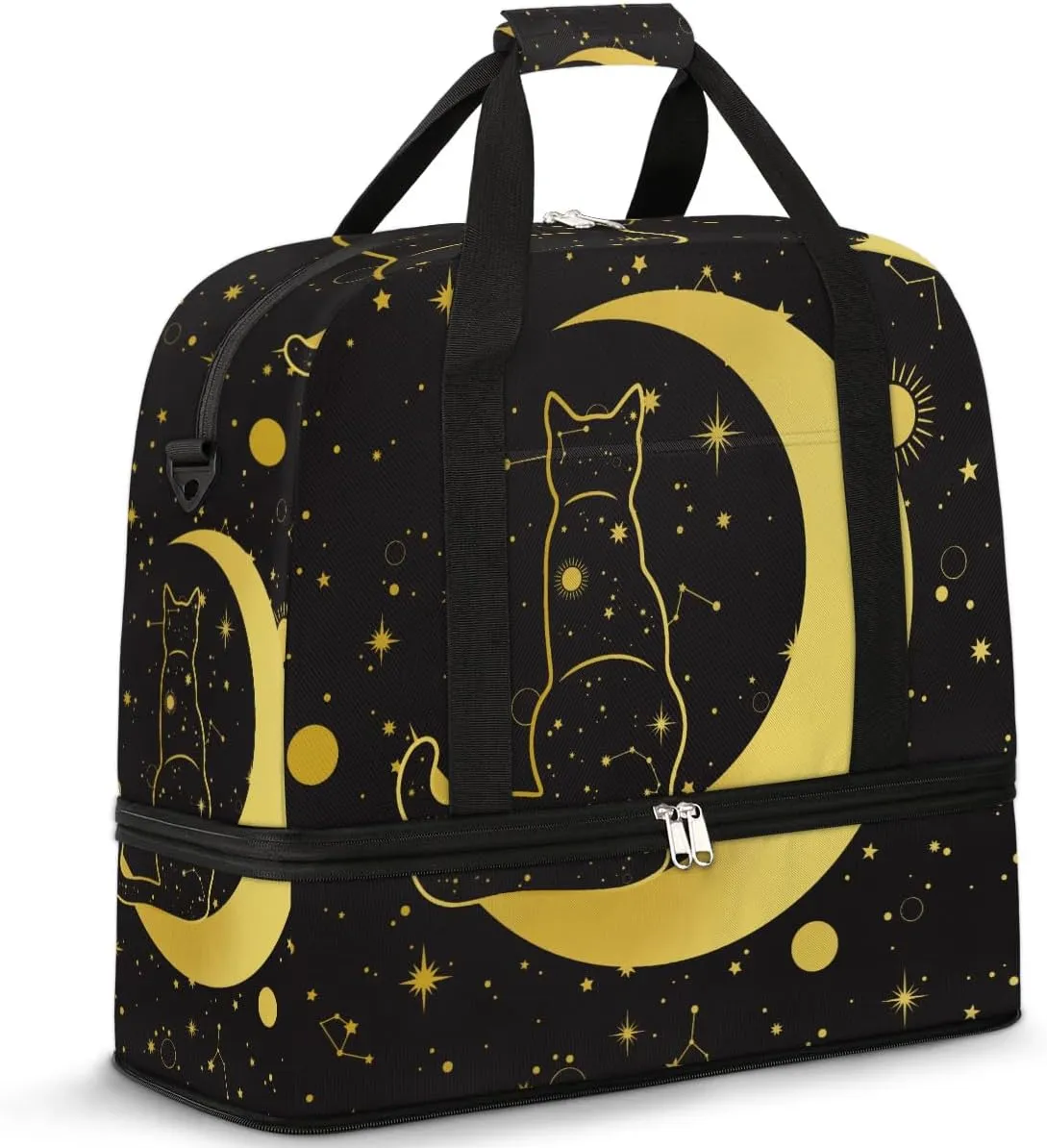 Gym Bag for Men Women, Carry on Travel Duffel Bag with Trolley Sleeve, Black Cat Waterproof Weekender Overnight Bags with Shoes and Wet Clothes Compartment for Sleepover Workout Sports
