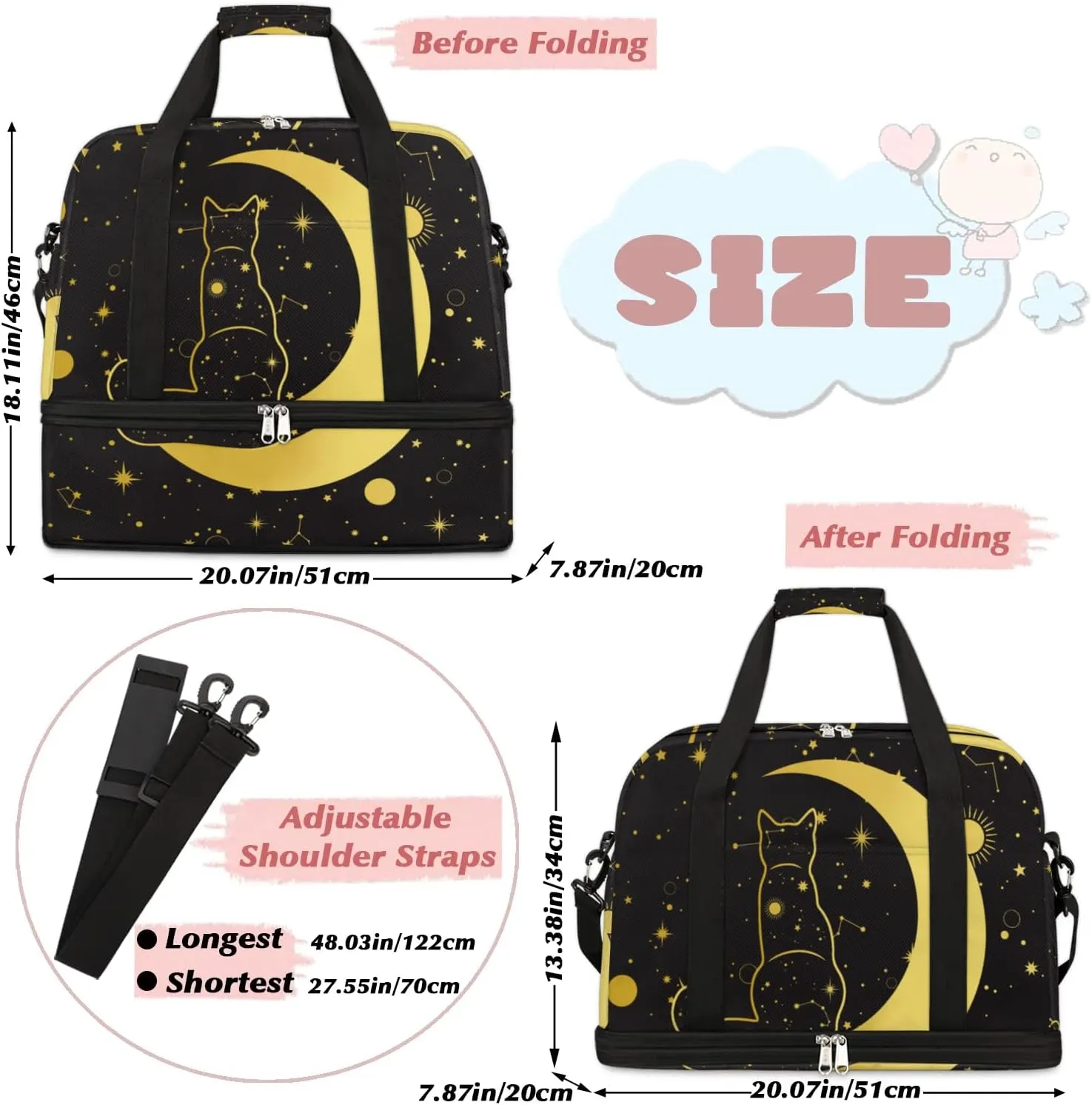 Gym Bag for Men Women, Carry on Travel Duffel Bag with Trolley Sleeve, Black Cat Waterproof Weekender Overnight Bags with Shoes and Wet Clothes Compartment for Sleepover Workout Sports
