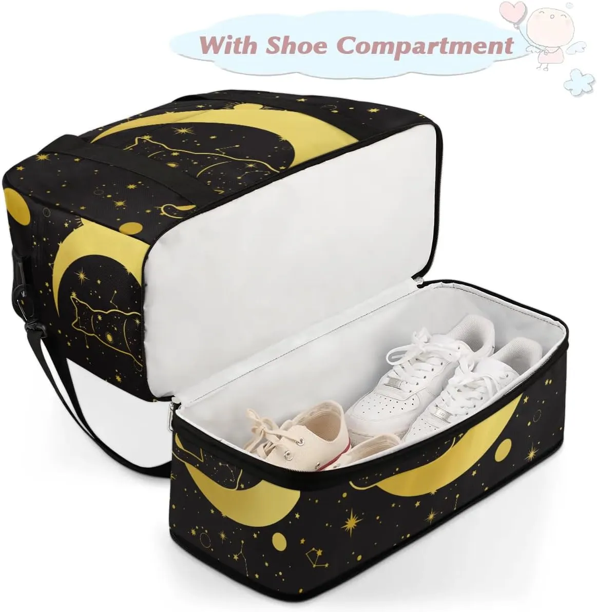Gym Bag for Men Women, Carry on Travel Duffel Bag with Trolley Sleeve, Black Cat Waterproof Weekender Overnight Bags with Shoes and Wet Clothes Compartment for Sleepover Workout Sports