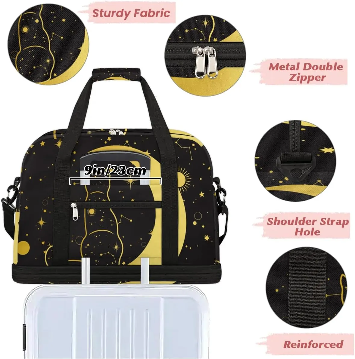 Gym Bag for Men Women, Carry on Travel Duffel Bag with Trolley Sleeve, Black Cat Waterproof Weekender Overnight Bags with Shoes and Wet Clothes Compartment for Sleepover Workout Sports
