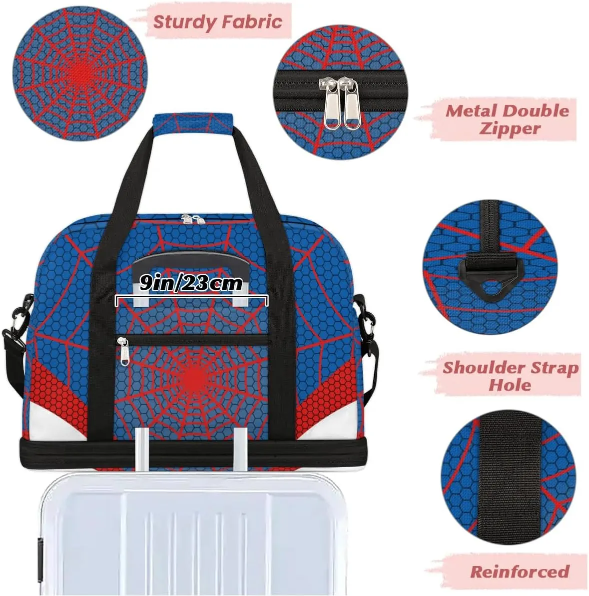 Gym Bag for Men Women, Carry on Travel Duffel Bag with Trolley Sleeve, Blue Spider Web Waterproof Weekender Overnight Bags with Shoes and Wet Clothes Compartment for Sleepover Workout Sports