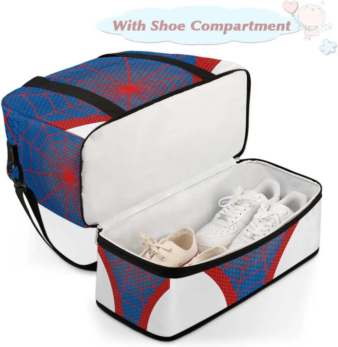 Gym Bag for Men Women, Carry on Travel Duffel Bag with Trolley Sleeve, Blue Spider Web Waterproof Weekender Overnight Bags with Shoes and Wet Clothes Compartment for Sleepover Workout Sports