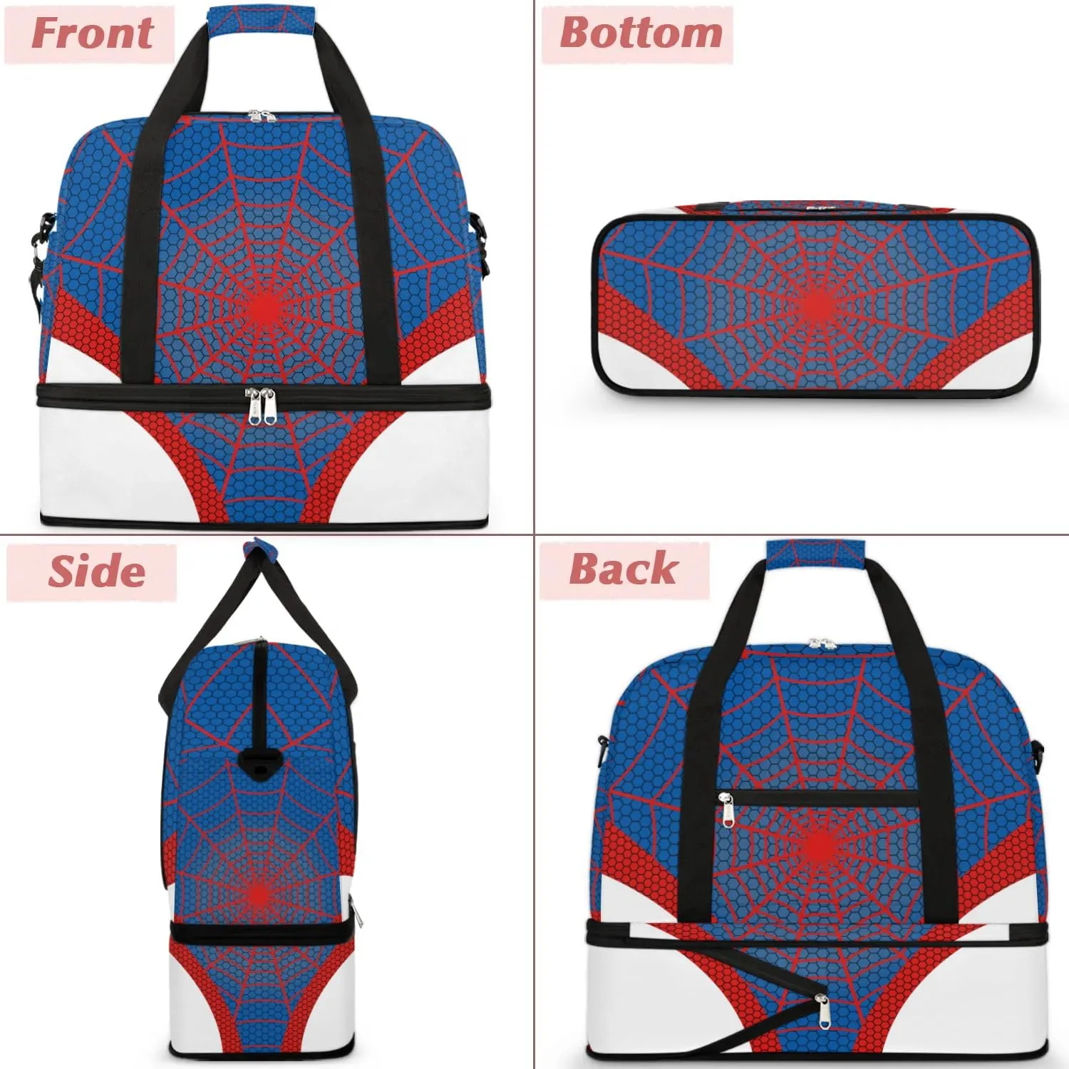 Gym Bag for Men Women, Carry on Travel Duffel Bag with Trolley Sleeve, Blue Spider Web Waterproof Weekender Overnight Bags with Shoes and Wet Clothes Compartment for Sleepover Workout Sports