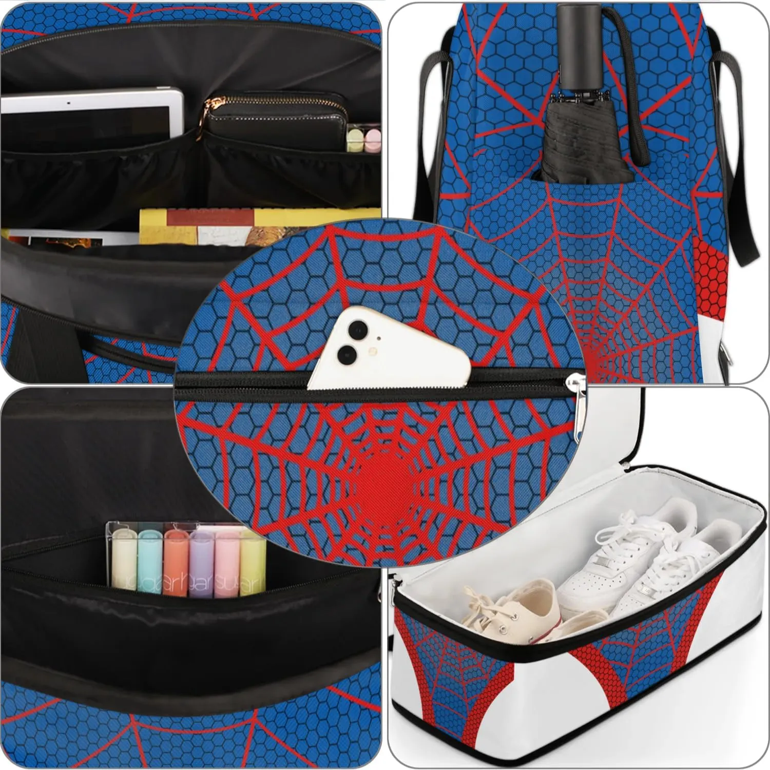 Gym Bag for Men Women, Carry on Travel Duffel Bag with Trolley Sleeve, Blue Spider Web Waterproof Weekender Overnight Bags with Shoes and Wet Clothes Compartment for Sleepover Workout Sports