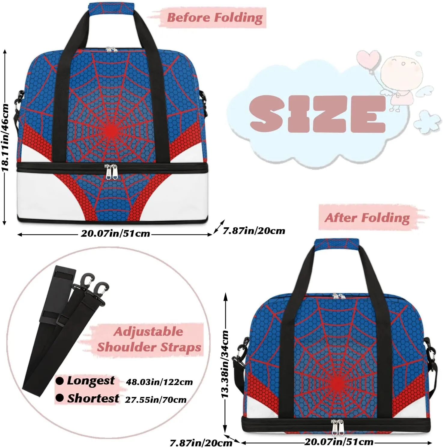 Gym Bag for Men Women, Carry on Travel Duffel Bag with Trolley Sleeve, Blue Spider Web Waterproof Weekender Overnight Bags with Shoes and Wet Clothes Compartment for Sleepover Workout Sports