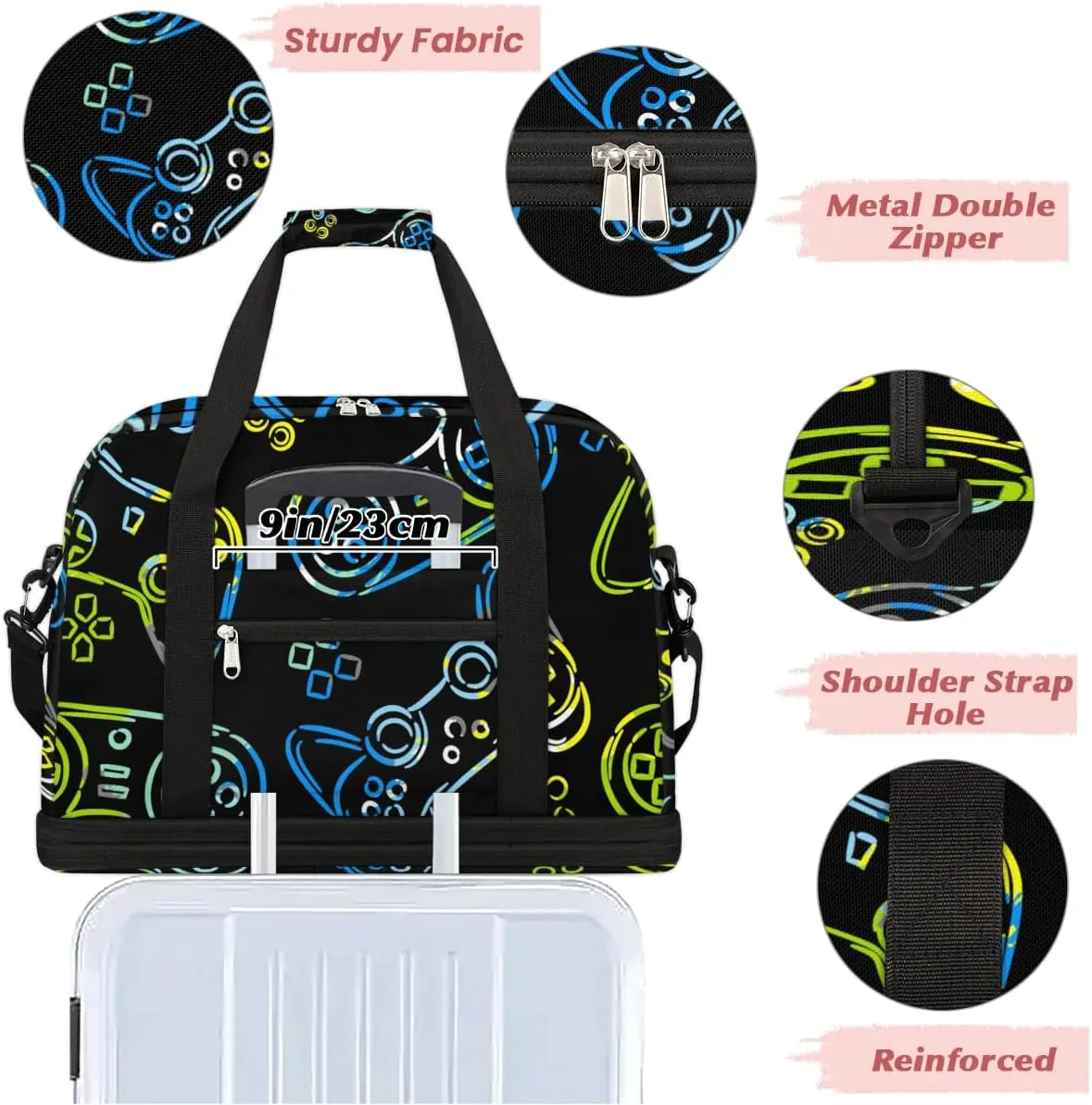 Gym Bag for Men Women, Gamer Gamepad Carry on Travel Duffel Bag with Trolley Sleeve, Waterproof Weekender Overnight Bags with Shoes and Wet Clothes Compartment for Sleepover Workout Sports