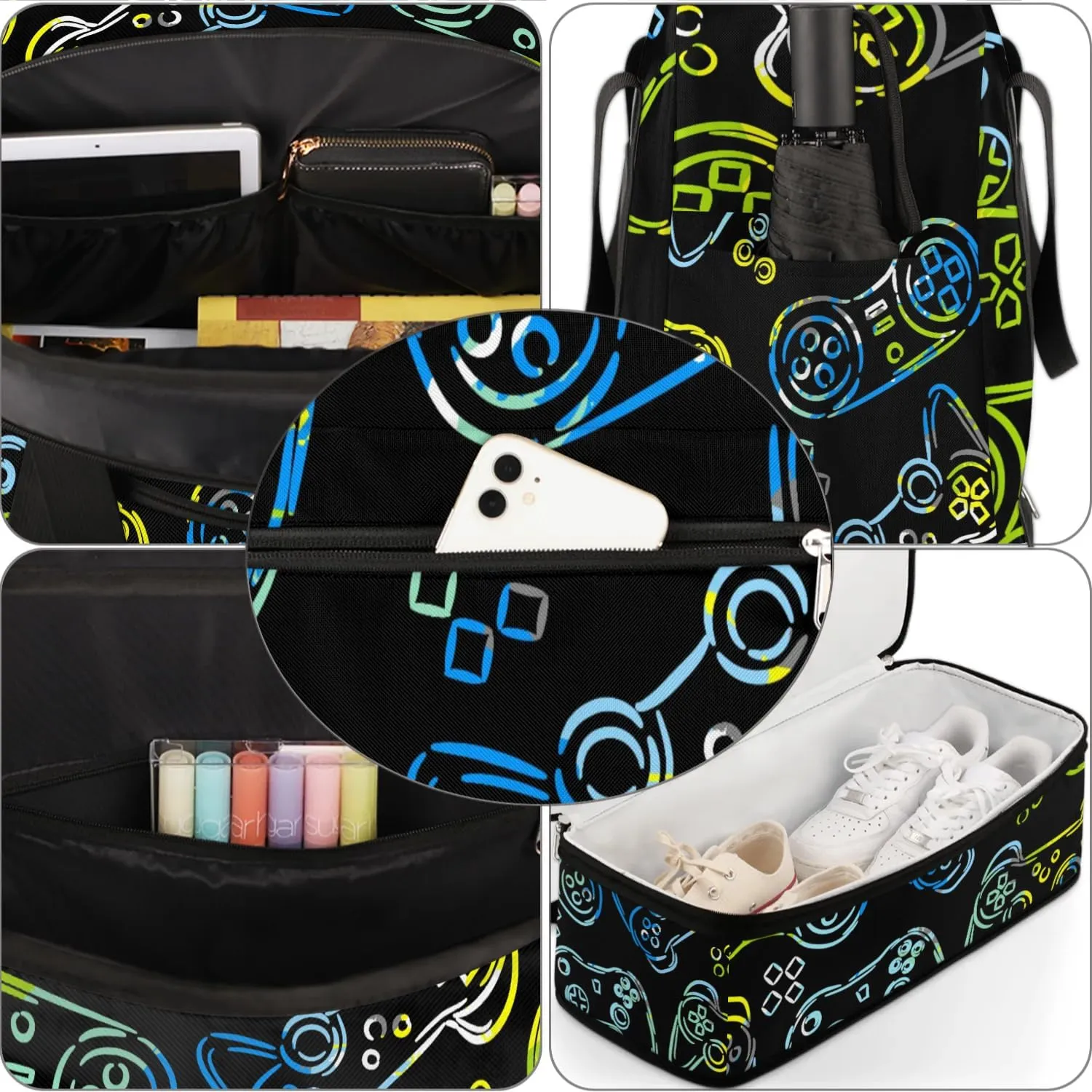 Gym Bag for Men Women, Gamer Gamepad Carry on Travel Duffel Bag with Trolley Sleeve, Waterproof Weekender Overnight Bags with Shoes and Wet Clothes Compartment for Sleepover Workout Sports