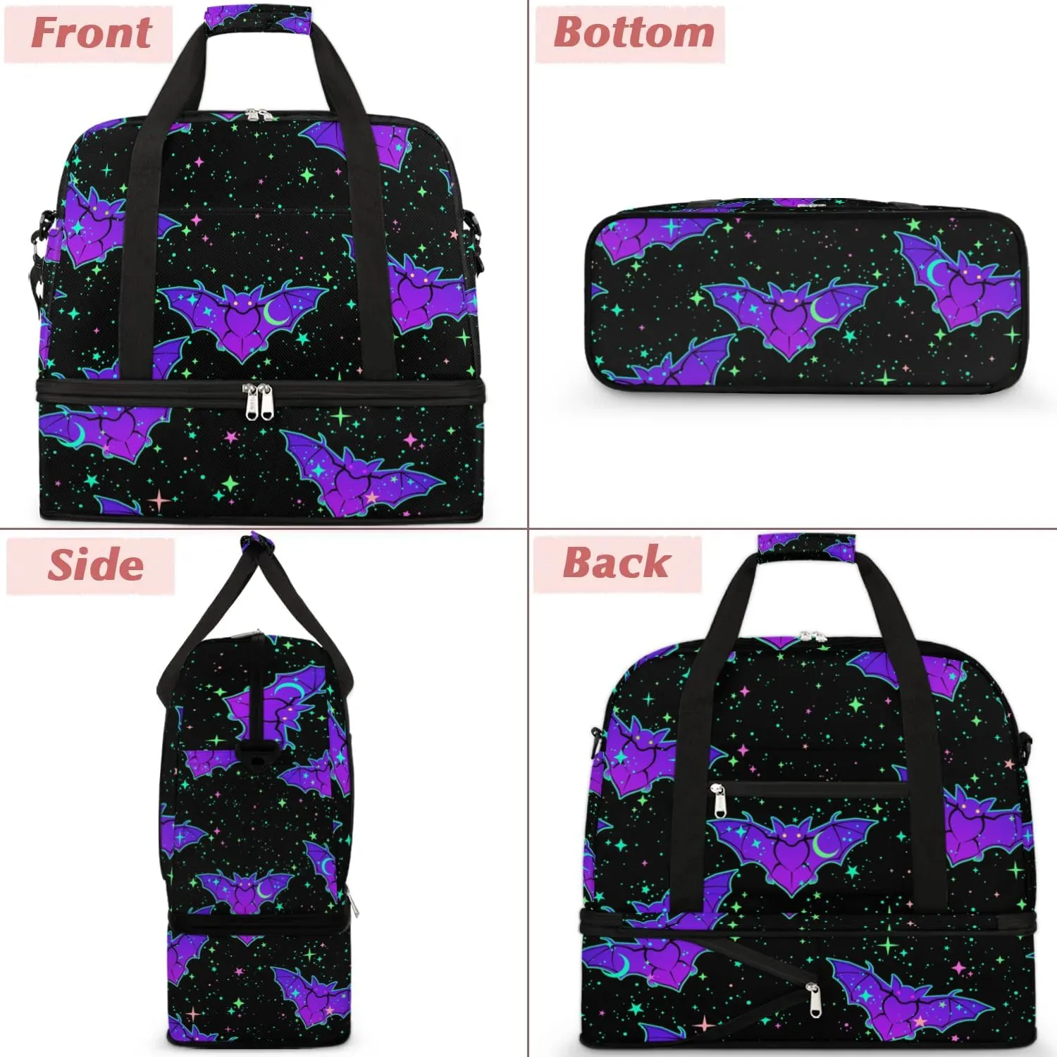 Gym Bag for Men Women, Gothic Bat Carry on Travel Duffel Bag with Trolley Sleeve, Waterproof Weekender Overnight Bags with Shoes and Wet Clothes Compartment for Sleepover Workout Sports