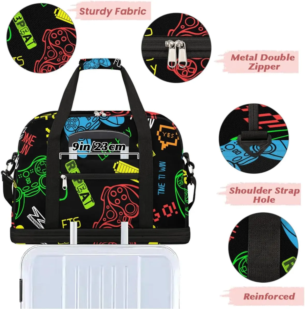 Gym Bag for Men Women, Video Game Carry on Travel Duffel Bag with Trolley Sleeve, Waterproof Weekender Overnight Bags with Shoes and Wet Clothes Compartment for Sleepover Workout Sports