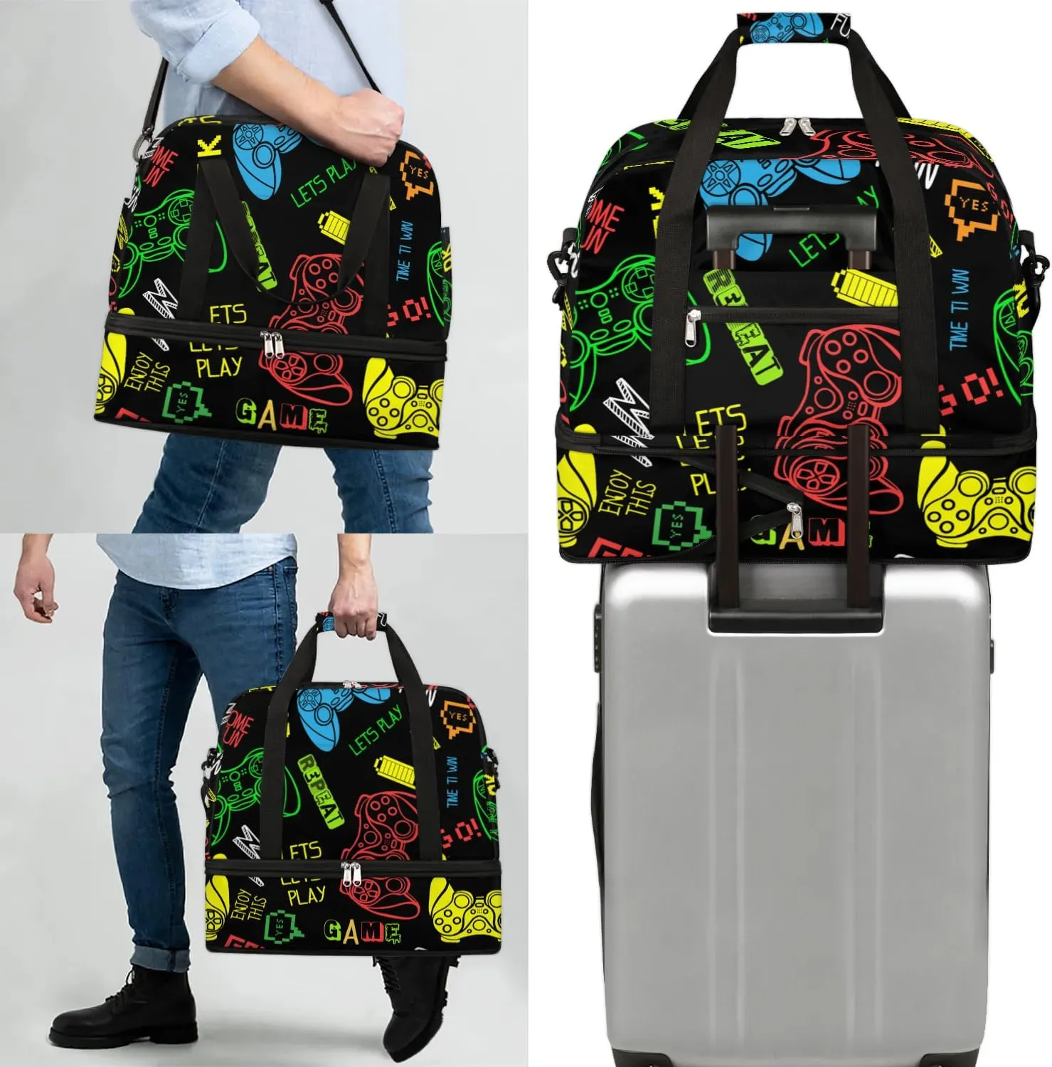 Gym Bag for Men Women, Video Game Carry on Travel Duffel Bag with Trolley Sleeve, Waterproof Weekender Overnight Bags with Shoes and Wet Clothes Compartment for Sleepover Workout Sports