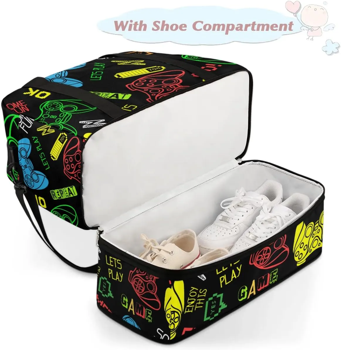 Gym Bag for Men Women, Video Game Carry on Travel Duffel Bag with Trolley Sleeve, Waterproof Weekender Overnight Bags with Shoes and Wet Clothes Compartment for Sleepover Workout Sports